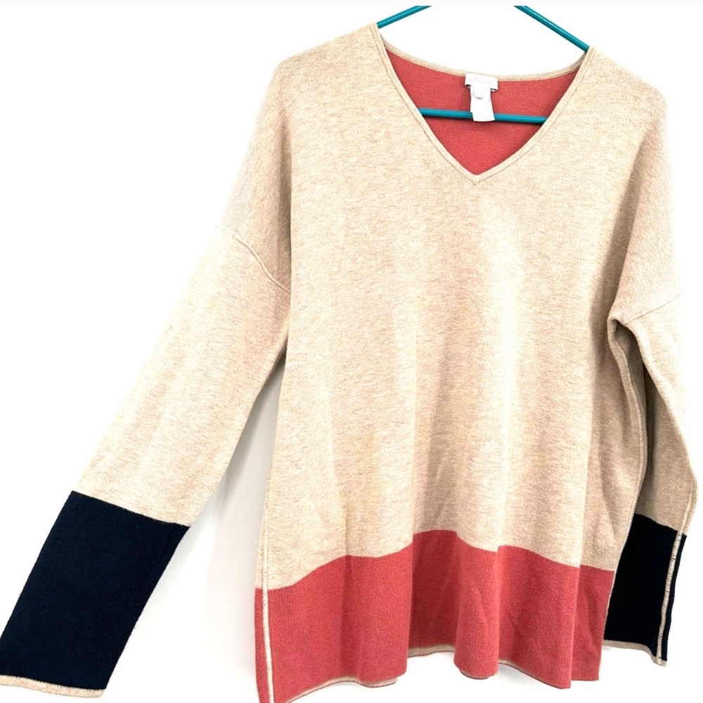 J. Jill Cream and Pink V-Neck Sweater
